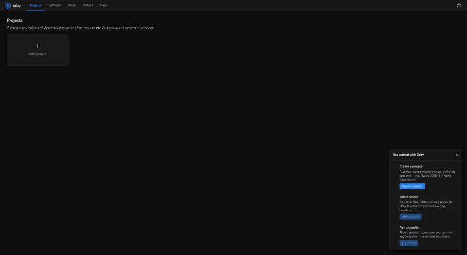 Orby's empty state, showing the built-in get-started checklist.