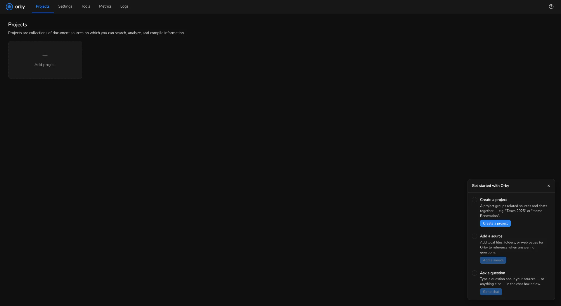 Orby's empty state, showing the built-in get-started checklist.