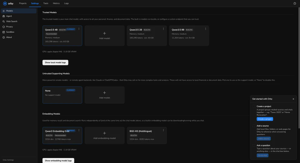 The three model lists in Settings, support model defaulting to None.