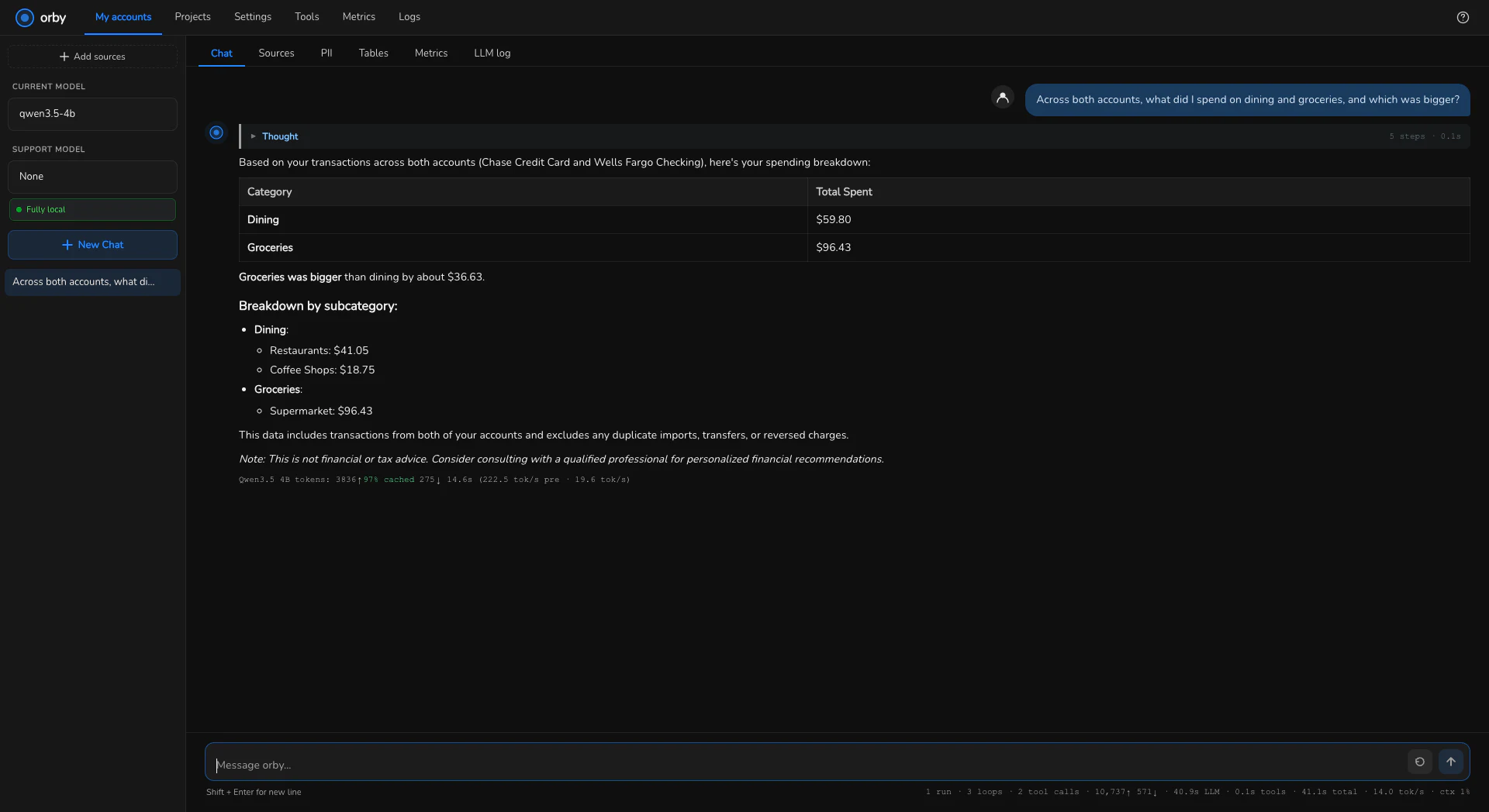 A real answer with the Fully local indicator visible in the sidebar.